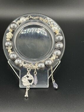 Silver Gray Beaded Charm Bracelet - Women Jewelry